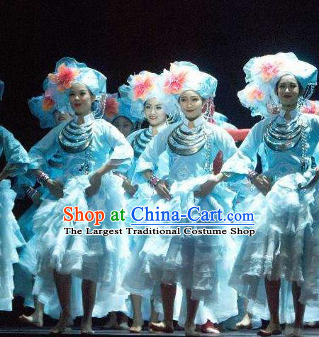 Chinese The Ship Legend of Huashan Zhuang Nationality Dance Dress Stage Performance Costume and Headpiece for Women