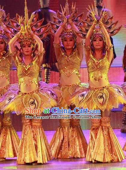 Chinese Back to Song Dynasty Ethnic Dance Yellow Dress Stage Performance Costume and Headpiece for Women