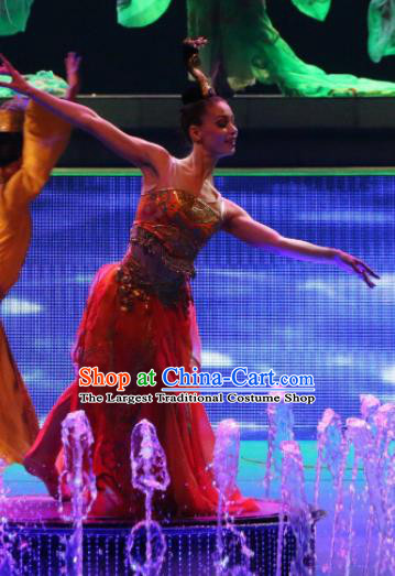 Chinese Back to Song Dynasty Classical Dance Red Dress Stage Performance Costume and Headpiece for Women