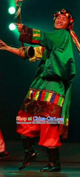 Chinese Impression of Lijiang Zang Nationality Ethnic Dance Green Robe Stage Performance Costume for Men