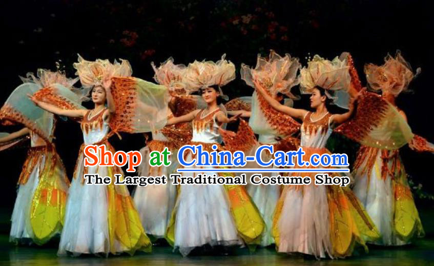Chinese Lishui Jinsha Classical Dance White Dress Stage Performance Costume and Headpiece for Women