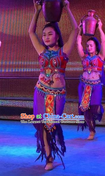 Chinese Turpan Festival Uyghur Nationality Dance Purple Dress Stage Performance Ethnic Costume and Headpiece for Women