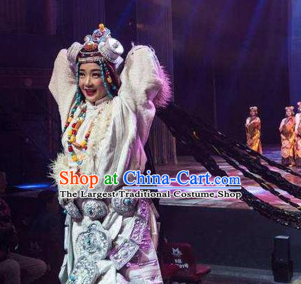 Chinese Encounter Shangri La Impression Tibetan Ethnic Dance White Robe Stage Performance Costume and Headpiece for Women