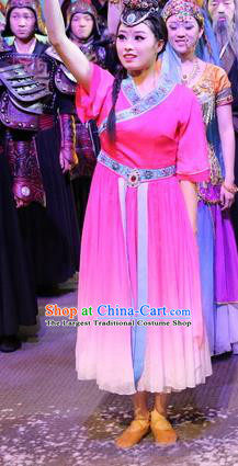 Chinese Shapotou Celebration Hui Nationality Dance Rosy Dress Ethnic Stage Performance Costume and Headpiece for Women