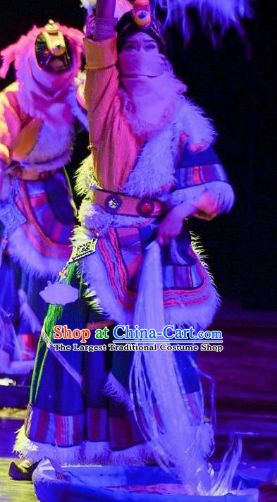 Chinese Encounter Shangri La Impression Zang Ethnic Dance Tibetan Robe Stage Performance Costume and Headpiece for Women