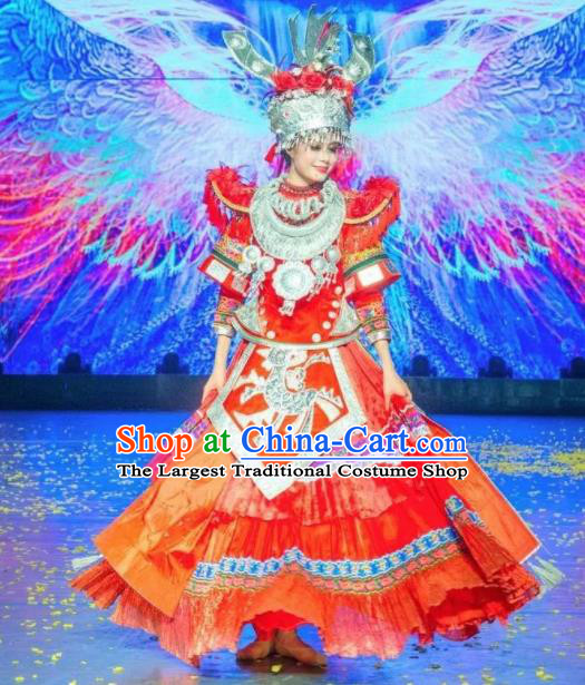 Chinese Jin Show Dan Zhai Miao Nationality Dance Wedding Red Dress Stage Performance Costume and Headpiece for Women