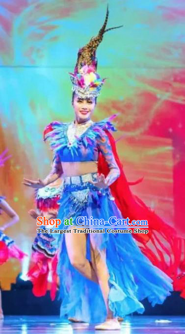 Chinese Jin Show Dan Zhai Miao Nationality Folk Dance Feather Dress Stage Performance Costume and Headpiece for Women