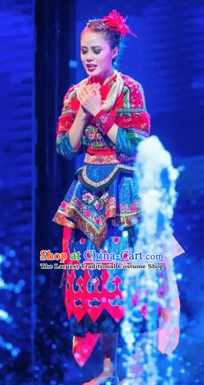 Chinese Jin Show Dan Zhai Miao Nationality Folk Dance Blue Dress Stage Performance Costume and Headpiece for Women