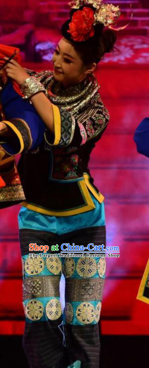 Chinese Jin Show Dan Zhai Miao Nationality Female Dress Stage Performance Dance Costume and Headpiece for Women