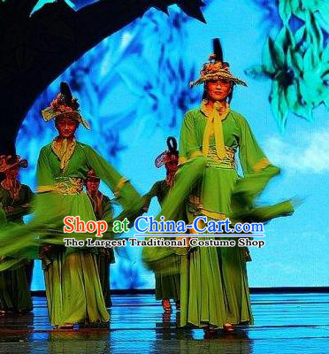 Chinese Picturesque Huizhou Opera Peri Classical Dance Green Dress Stage Performance Costume and Headpiece for Women