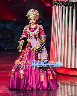 Chinese Charm Xiangxi Miao Nationality Dance Purple Dress Stage Performance Costume and Headpiece for Women