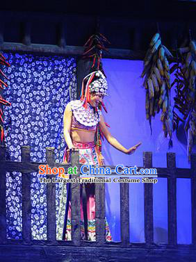 Chinese Charm Xiangxi Tujia Nationality Dance Dress Stage Performance Costume and Headpiece for Women