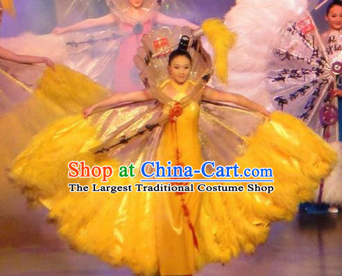 Chinese Oriental Apparel Classical Dance Yellow Dress Stage Performance Costume and Headpiece for Women