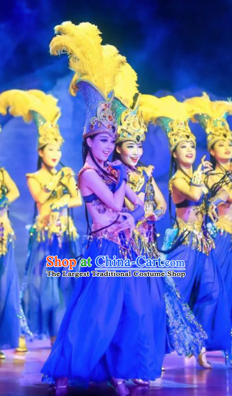 Chinese Oriental Apparel Indian Dance Blue Dress Stage Performance Costume and Headpiece for Women