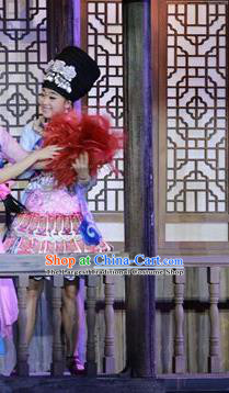 Chinese Border Town Miao Nationality Girl Dance Dress Stage Performance Costume and Headpiece for Women