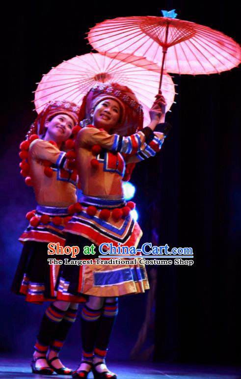 Chinese Wind Of Colorful Guizhou Yi Nationality Ethnic Dance Dress Stage Performance Costume and Headpiece for Women