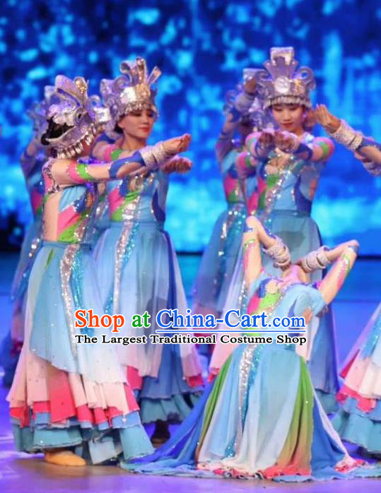 Chinese Wind Of Colorful Guizhou Miao Nationality Ethnic Dance Blue Dress Stage Performance Costume and Headpiece for Women