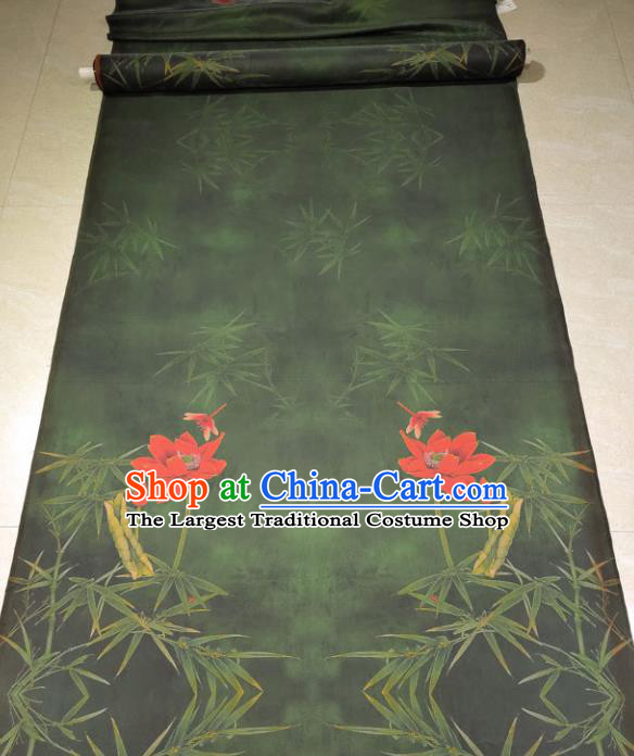 Traditional Chinese Classical Bamboo Lotus Pattern Green Gambiered Guangdong Gauze Silk Fabric Ancient Hanfu Dress Silk Cloth