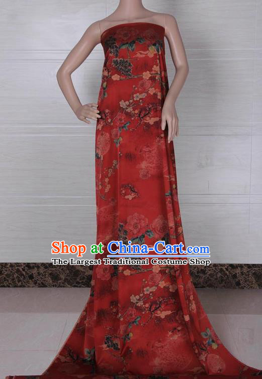 Traditional Chinese Classical Peony Plum Pattern Red Gambiered Guangdong Gauze Silk Fabric Ancient Hanfu Dress Silk Cloth