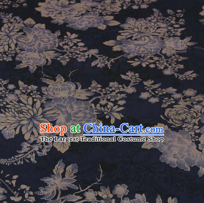 Traditional Chinese Classical Chrysanthemum Peony Pattern Navy Gambiered Guangdong Gauze Silk Fabric Ancient Hanfu Dress Silk Cloth