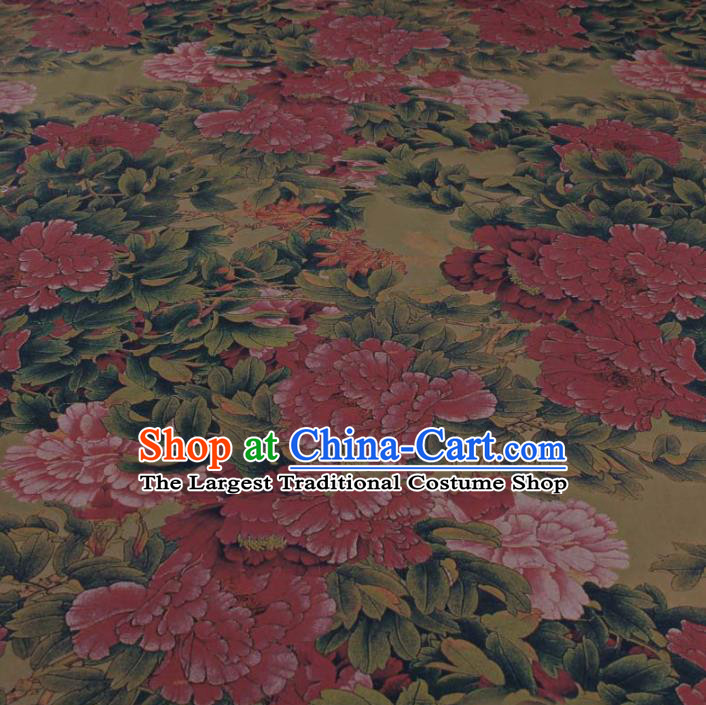 Traditional Chinese Classical Peony Pattern Olive Green Gambiered Guangdong Gauze Silk Fabric Ancient Hanfu Dress Silk Cloth