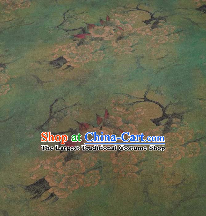 Traditional Chinese Classical Plum Pattern Deep Green Gambiered Guangdong Gauze Silk Fabric Ancient Hanfu Dress Silk Cloth