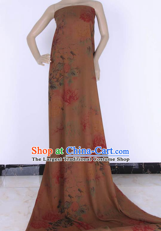 Traditional Chinese Classical Peony Pattern Brown Gambiered Guangdong Gauze Silk Fabric Ancient Hanfu Dress Silk Cloth