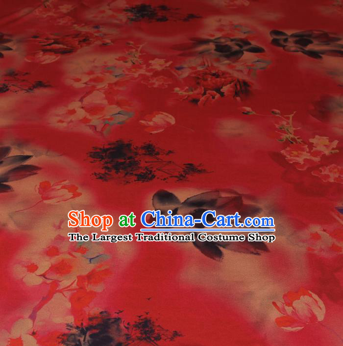 Traditional Chinese Classical Lotus Pattern Red Gambiered Guangdong Gauze Silk Fabric Ancient Hanfu Dress Silk Cloth