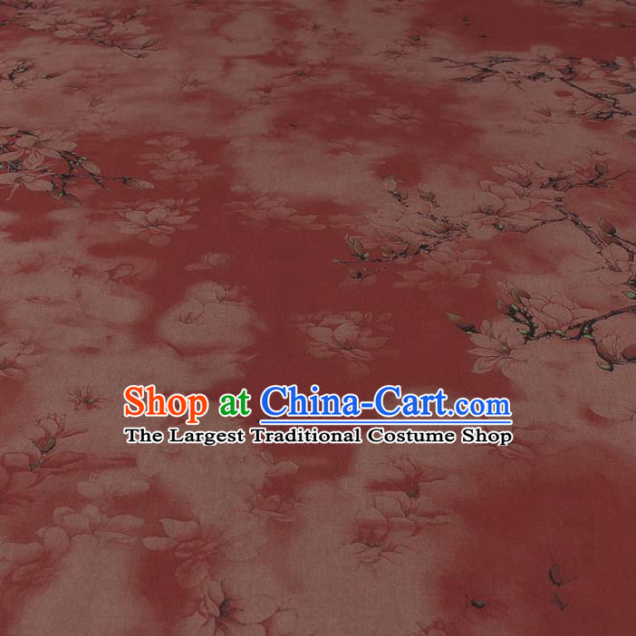 Traditional Chinese Classical Magnolia Pattern Rust Red Gambiered Guangdong Gauze Silk Fabric Ancient Hanfu Dress Silk Cloth