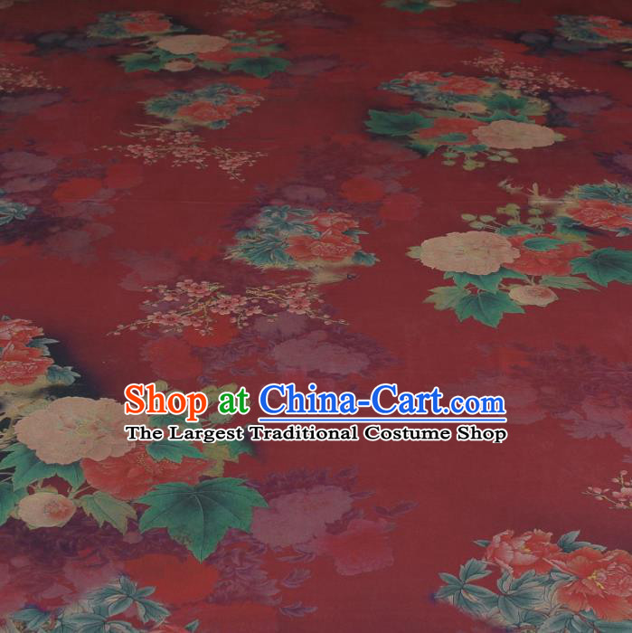 Traditional Chinese Classical Peony Pattern Wine Red Gambiered Guangdong Gauze Silk Fabric Ancient Hanfu Dress Silk Cloth