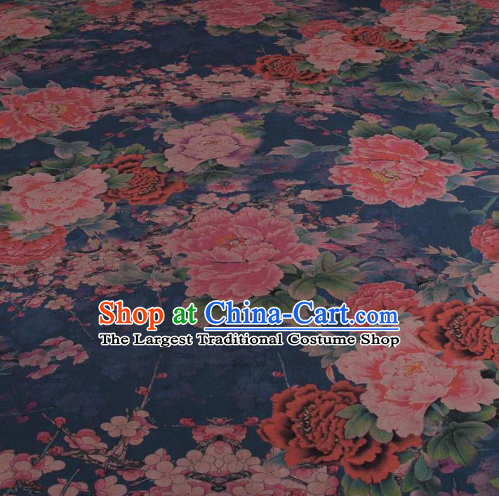 Traditional Chinese Classical Peony Plum Pattern Navy Gambiered Guangdong Gauze Silk Fabric Ancient Hanfu Dress Silk Cloth