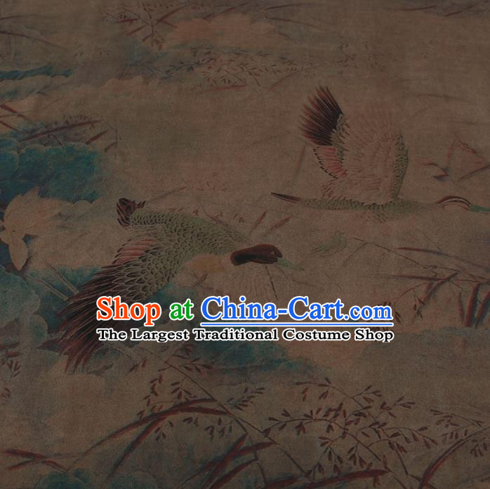 Traditional Chinese Classical Crane Lotus Pattern Khaki Gambiered Guangdong Gauze Silk Fabric Ancient Hanfu Dress Silk Cloth