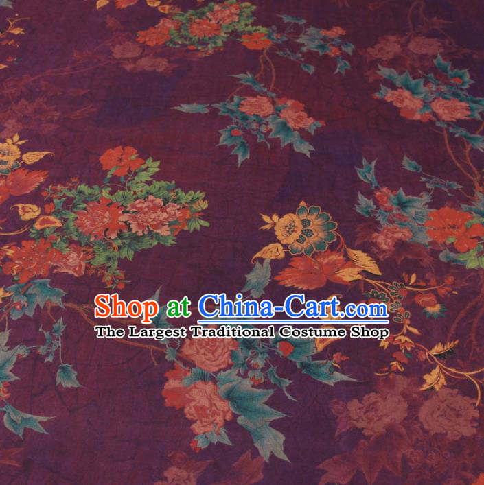 Traditional Chinese Classical Flowers Pattern Deep Purple Gambiered Guangdong Gauze Silk Fabric Ancient Hanfu Dress Silk Cloth