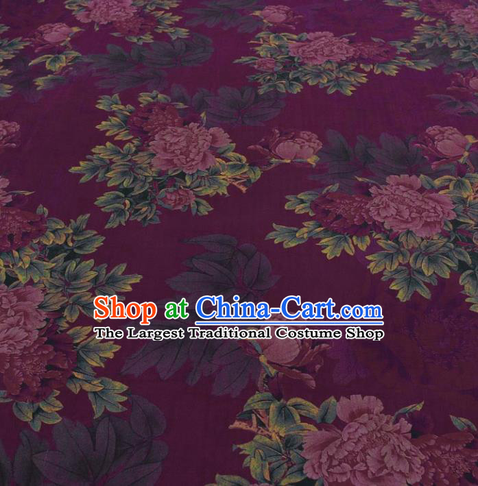 Traditional Chinese Classical Peony Pattern Purple Gambiered Guangdong Gauze Silk Fabric Ancient Hanfu Dress Silk Cloth