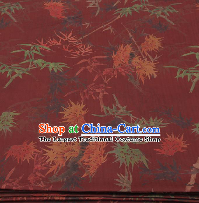 Traditional Chinese Classical Bamboo Maple Leaf Pattern Dark Red Gambiered Guangdong Gauze Silk Fabric Ancient Hanfu Dress Silk Cloth