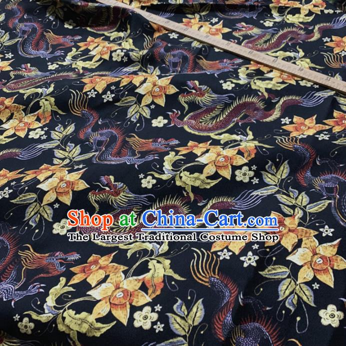 Chinese Classical Dragon Flowers Pattern Navy Silk Fabric Traditional Ancient Hanfu Dress Brocade Cloth