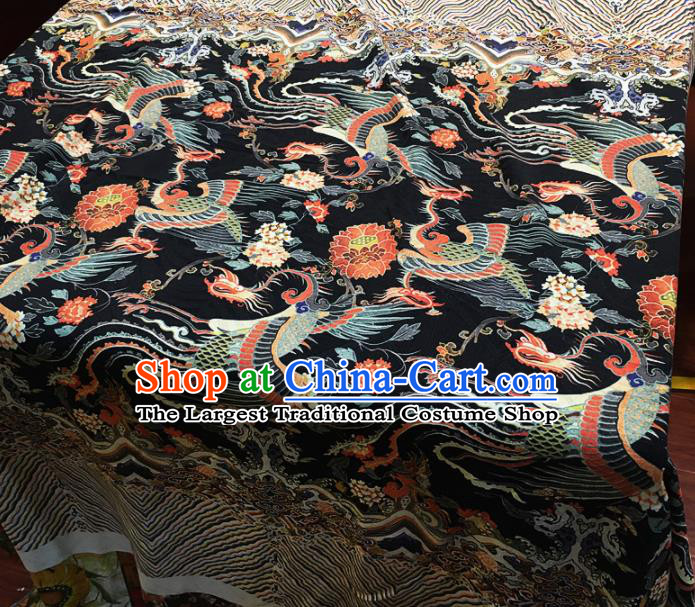 Chinese Classical Phoenix Lotus Pattern Black Silk Fabric Traditional Ancient Hanfu Dress Brocade Cloth