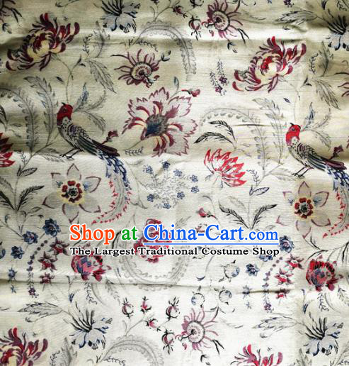 Chinese Classical Birds Pattern White Silk Fabric Traditional Ancient Hanfu Dress Brocade Cloth