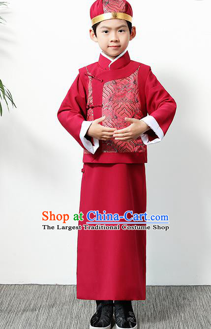 Chinese Traditional Qing Dynasty Boys Red Clothing Ancient Manchu Prince Costume for Kids