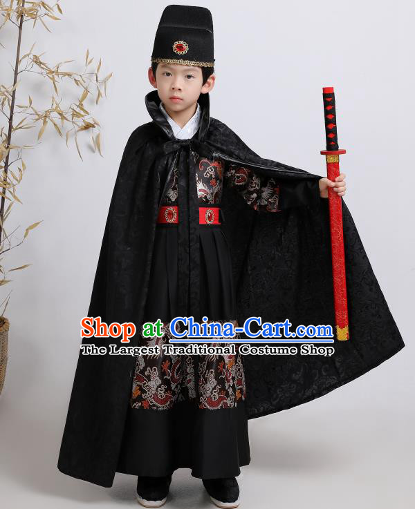 Chinese Traditional Ming Dynasty Imperial Guards Black Hanfu Clothing Ancient Boys Swordsman Costume for Kids