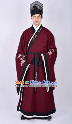 Chinese Traditional Ming Dynasty Taoist Priest Hanfu Wine Red Robe Ancient Scholar Costume for Men