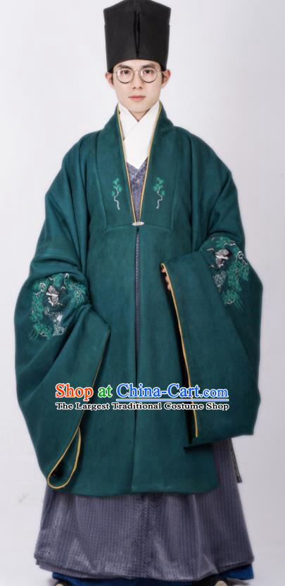 Chinese Traditional Ming Dynasty Scholar Hanfu Green Cloak Ancient Taoist Priest Costume for Men