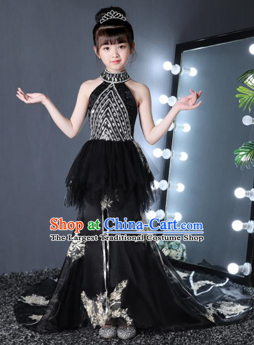 Top Grade Children Day Dance Performance Black Trailing Full Dress Kindergarten Girl Stage Show Costume for Kids