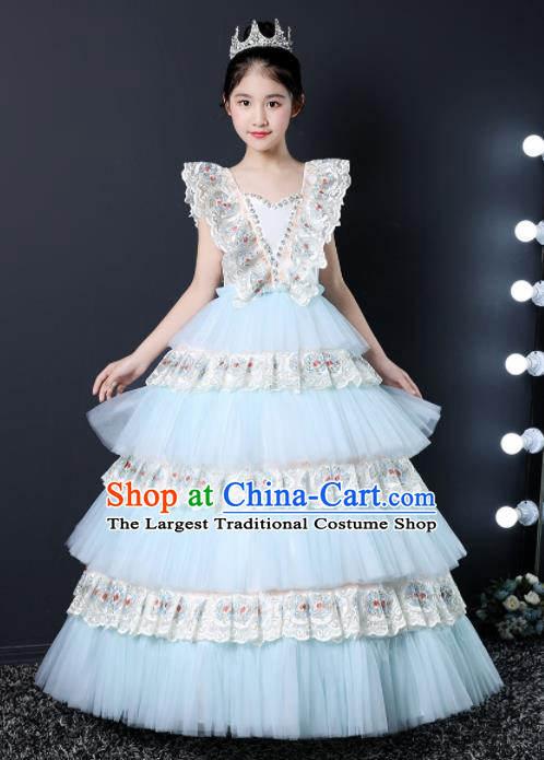 Top Grade Children Day Dance Performance Light Blue Veil Dress Kindergarten Girl Stage Show Costume for Kids