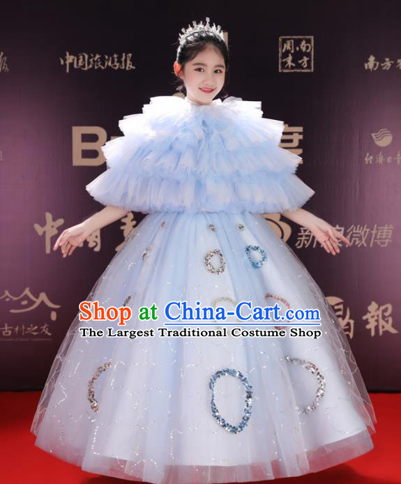 Top Grade Children Day Dance Performance Light Blue Full Dress Kindergarten Girl Stage Show Costume for Kids