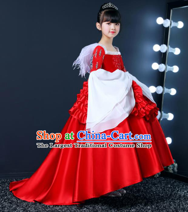 Top Grade Children Day Dance Performance Red Satin Dress Kindergarten Girl Stage Show Costume for Kids