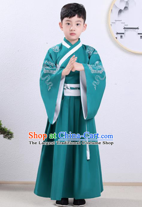 Chinese Traditional Han Dynasty Children Green Hanfu Clothing Ancient Scholar Costume for Kids