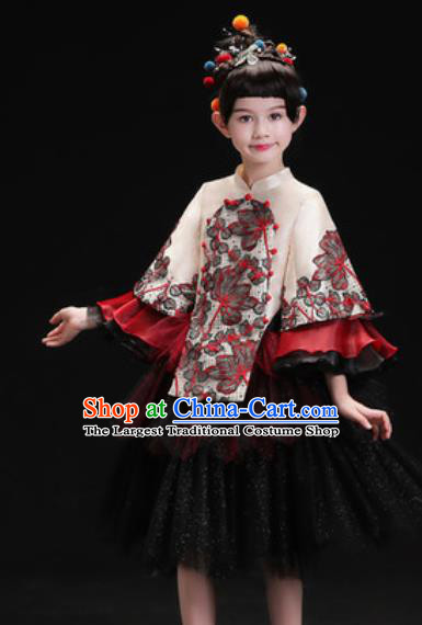 Chinese New Year Dance Performance Black Veil Full Dress Kindergarten Girls Stage Show Costume for Kids