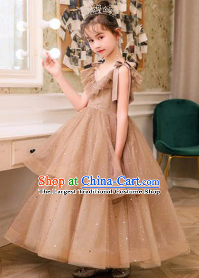 Top Grade Christmas Day Dance Performance Brown Veil Bubble Full Dress Kindergarten Girl Stage Show Costume for Kids