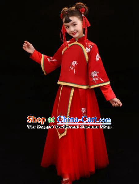 Chinese New Year Performance Red Veil Qipao Dress National Kindergarten Girls Dance Stage Show Costume for Kids